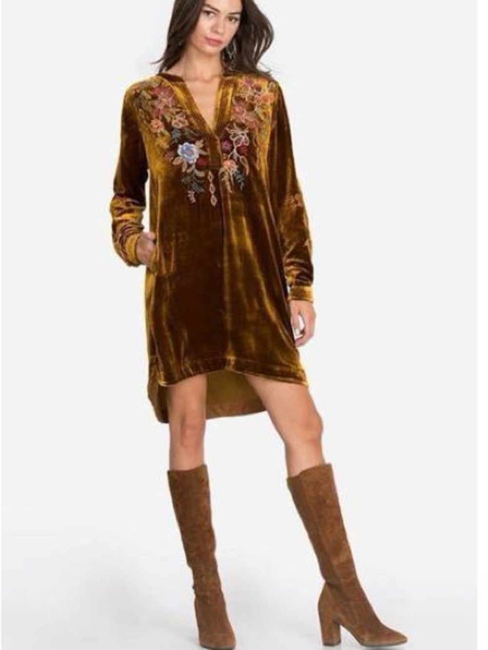 Johnny Was Denali Velvet Relaxed Trapunto Tunic Gold Floral Embroidered Sz XL
